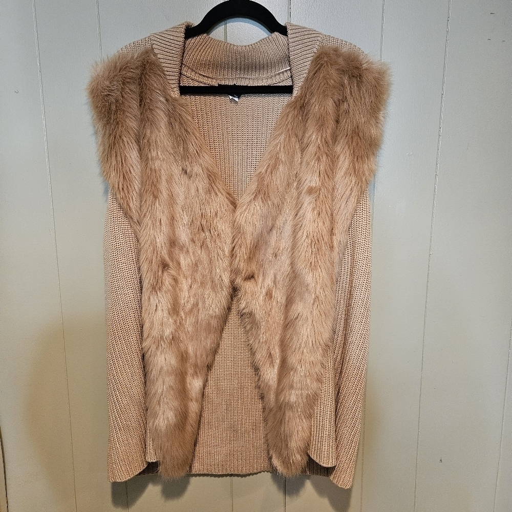 Alfani Faux Fur Trim Cardigan Sweater, Plus-Size XL | Chic Tan Knit Layer